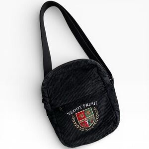 Teddy Fresh Black Corduroy Embroidered Bears and Shield Small Handbag Purse